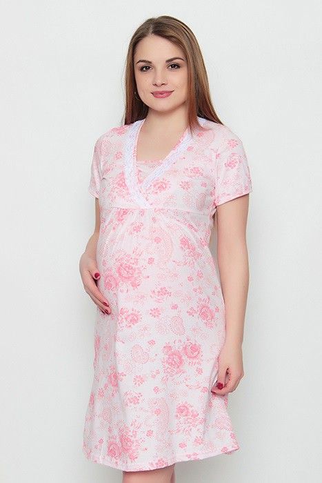 Сорочка ночная для беременных и кормящих розовая с красными цветами