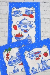 Полотенце вафельное купонное 35х60 "Кухня-гжель" (синяя рамка)- упаковка 10 шт