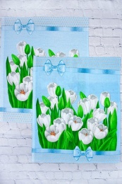 Полотенце вафельное купонное "Белые тюльпаны" (на голубом)- упаковка 10 шт