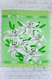 Полотенце вафельное купонное "Белые лилии" (на зеленом)- упаковка 10 шт
