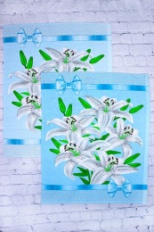 Полотенце вафельное купонное "Белые лилии" (на голубом)- упаковка 10 шт