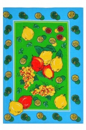 Полотенце вафельное купонное "Лимоны" зелёный фон голубая рамка