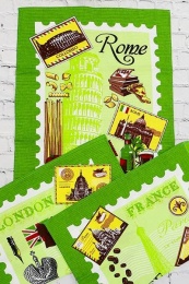 Полотенце вафельное купонное "Путешествие" (зеленый)- упаковка 10 шт