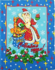 Полотенце вафельное "Дед Мороз с подарком" (синий)